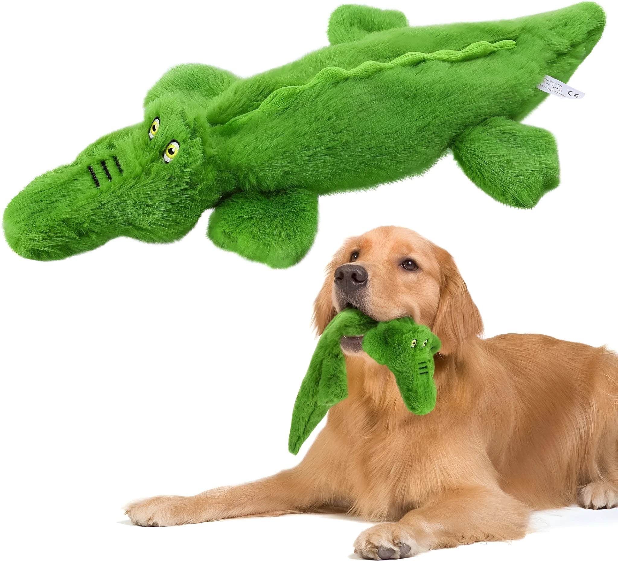 Green crocodile squeaky dog toy with no-stuffing design for aggressive chewers