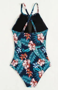 Women's deep V-neck one-piece swimsuit with printed pattern and polyester lining