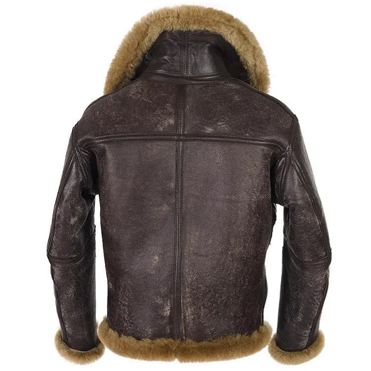 Men's brown synthetic leather fur coat with medium length and side pockets
