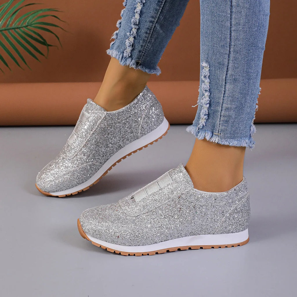 Gold silver sequined slip-on flat shoes with round toe and rubber sole