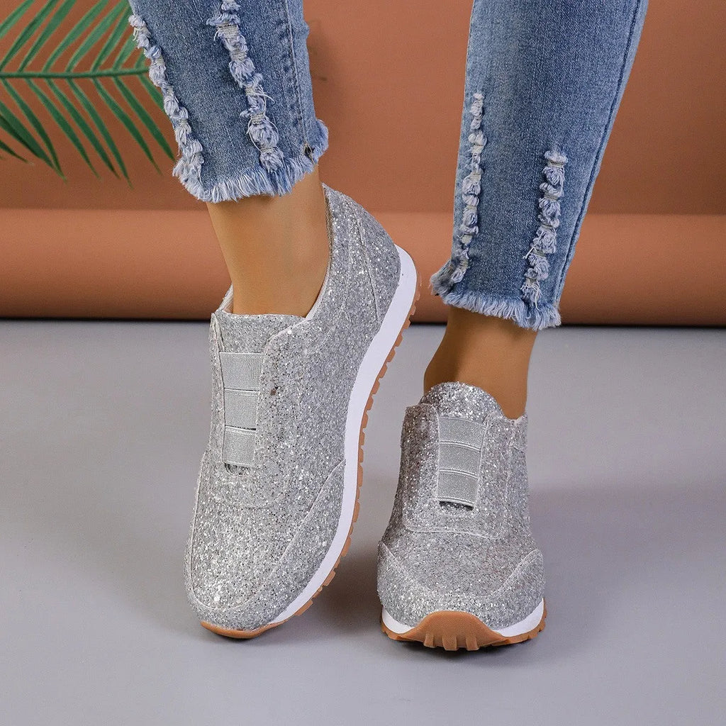 Gold silver sequined slip-on flat shoes with round toe and rubber sole