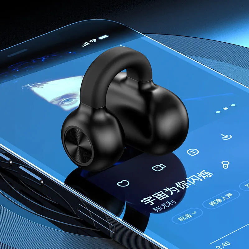 Black wireless Bluetooth headset with clip-on bone conduction earphones for exercise