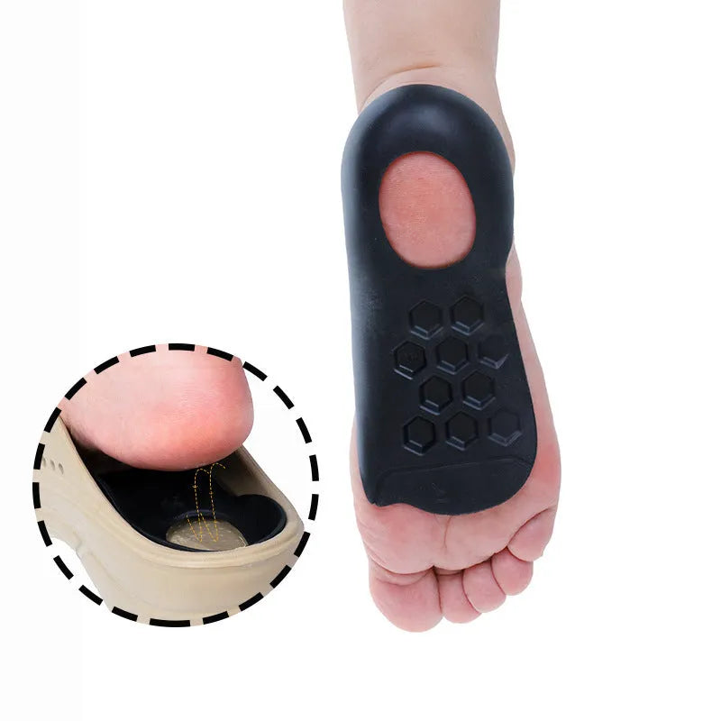 Pair of white TPR arch support insoles for varus correction, showing raised medial arch design.
