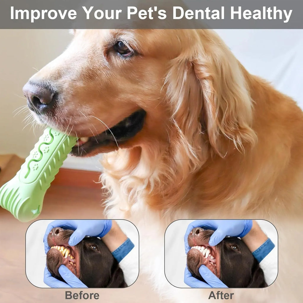 Natural rubber bone-shaped dog chew toy in blue, green, and orange options for aggressive chewers