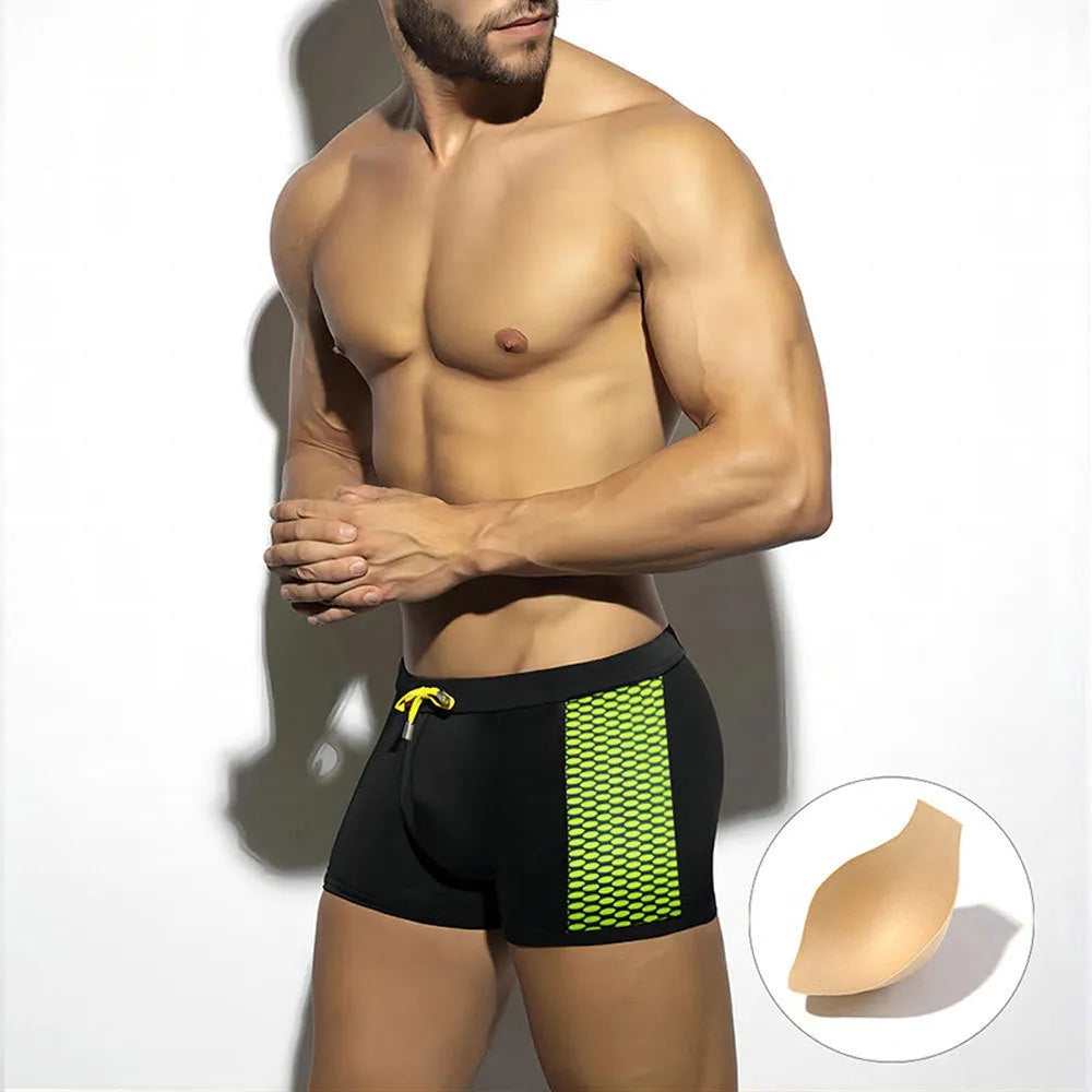 Polka dot print swimming boxers in black, dark blue, or yellow with ribbon or strap cup detailing