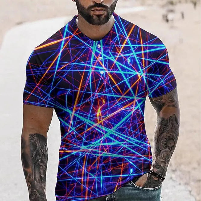 Men's short sleeve sports T-shirt with lapel button detail in bird eye cloth polyester.