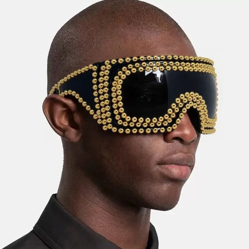 Men's punk sunglasses with large rim square rivet design in silver colour