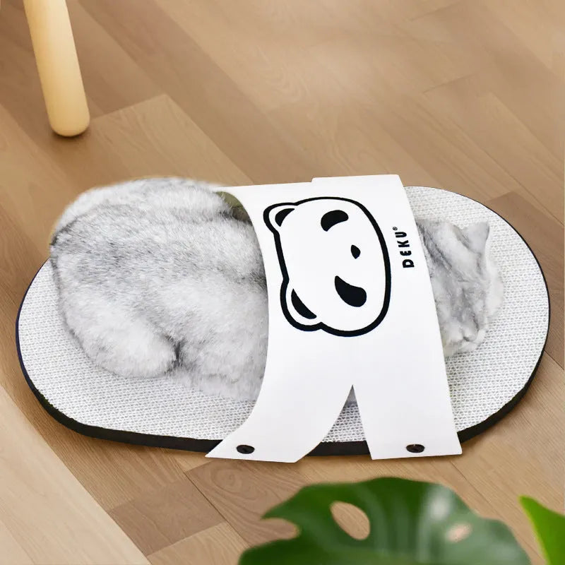 White corrugated paper cat scratch board with slipper style design for feline claw care