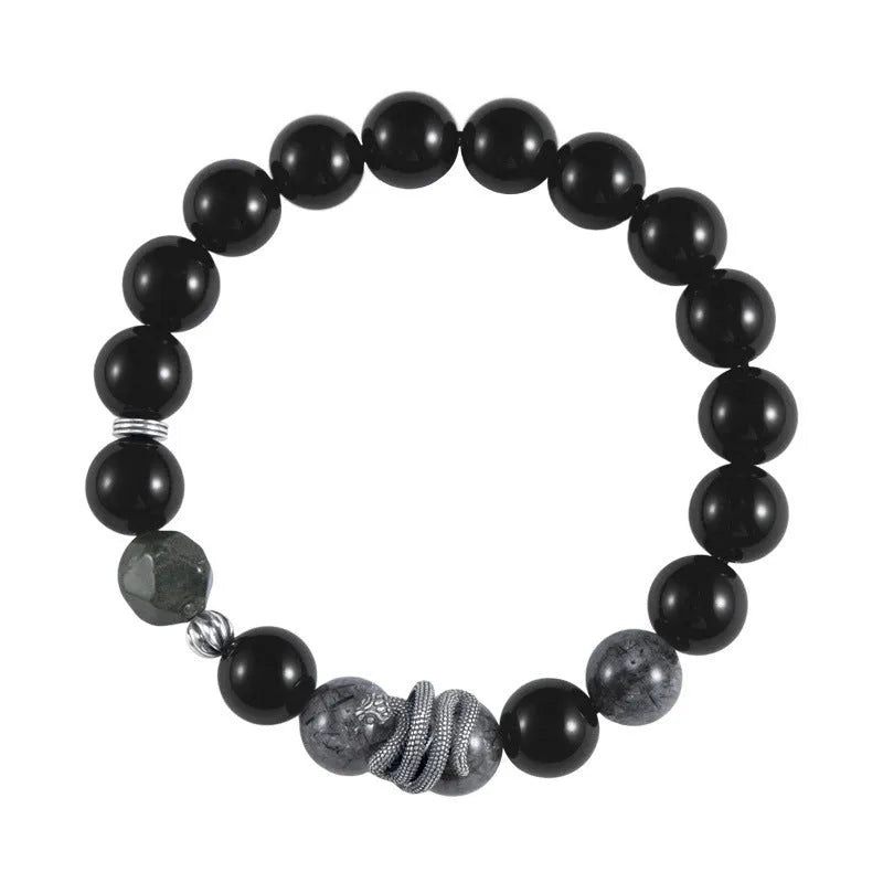 Men's black obsidian crystal and silver snake bracelet with retro zodiac design