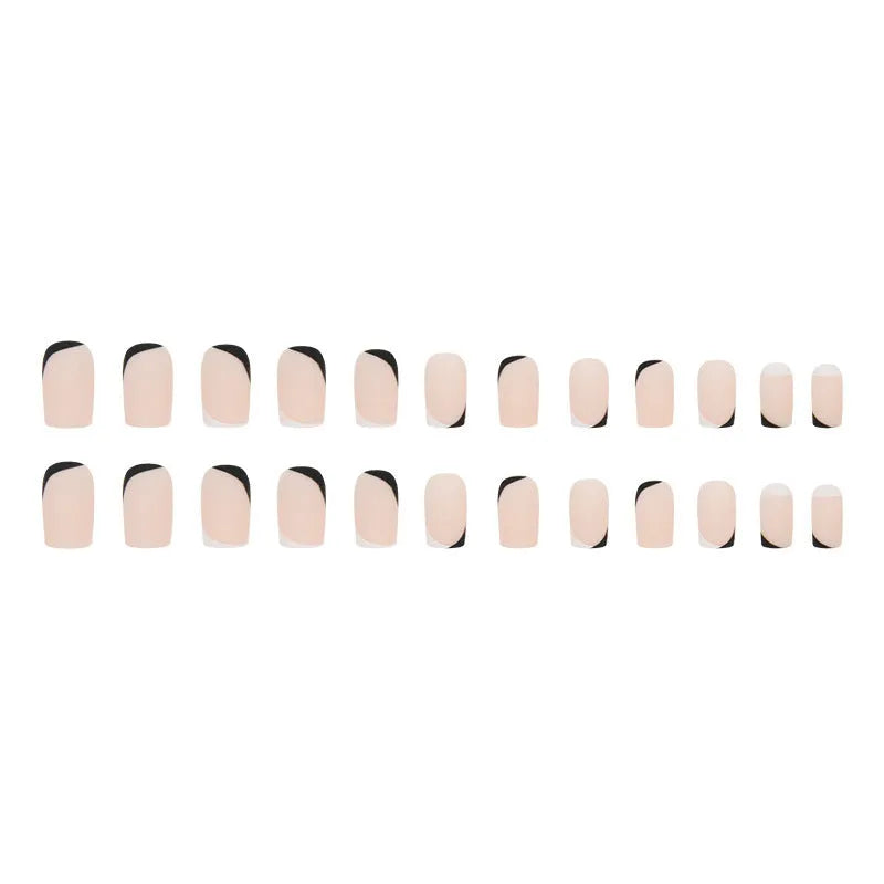 Black and white frosted artificial nails with French-style tips in plastic wearable set