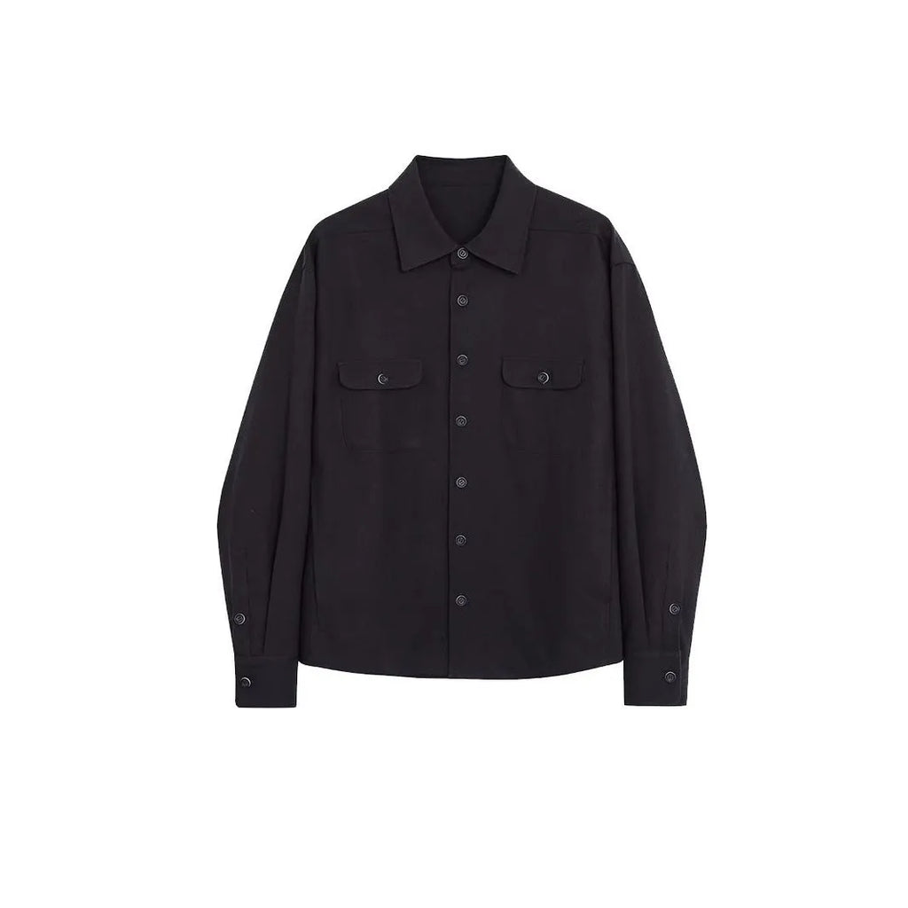 Men's light sand rice coloured long sleeve shirt with a simple lapel, laid flat.