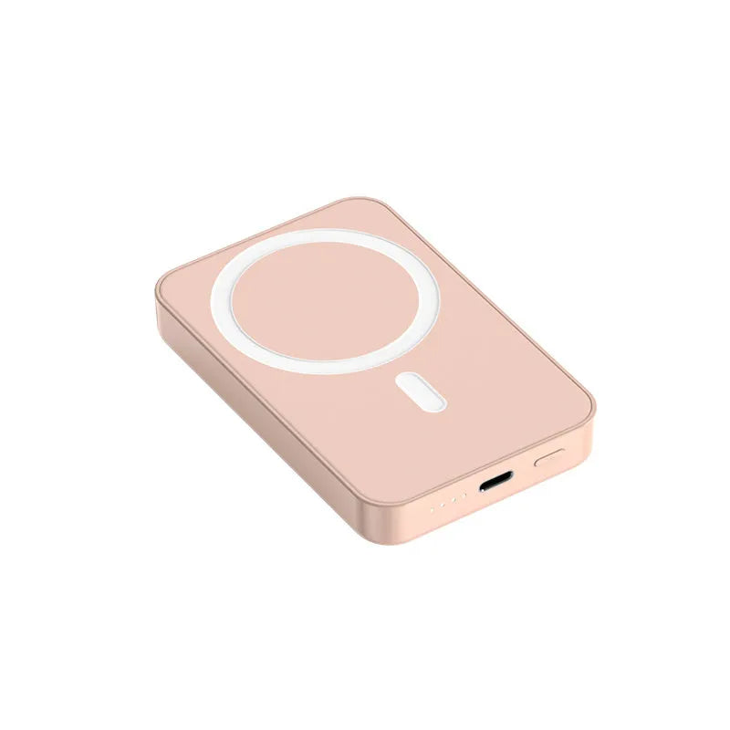 Pink magnetic wireless power bank showing dimensions 100x64x18mm