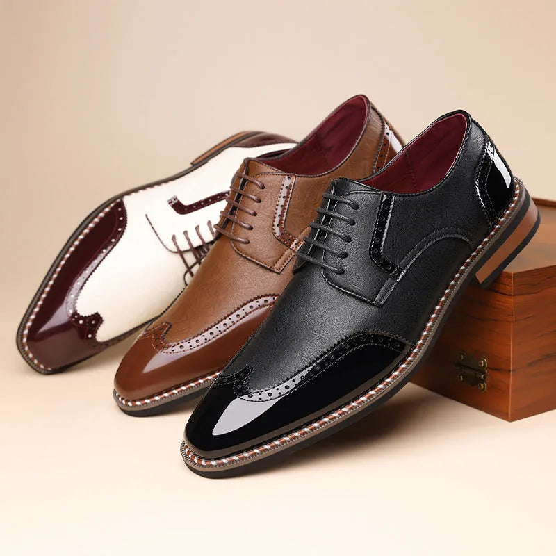 Men's black pointed toe business casual shoes with PU upper and rubber sole