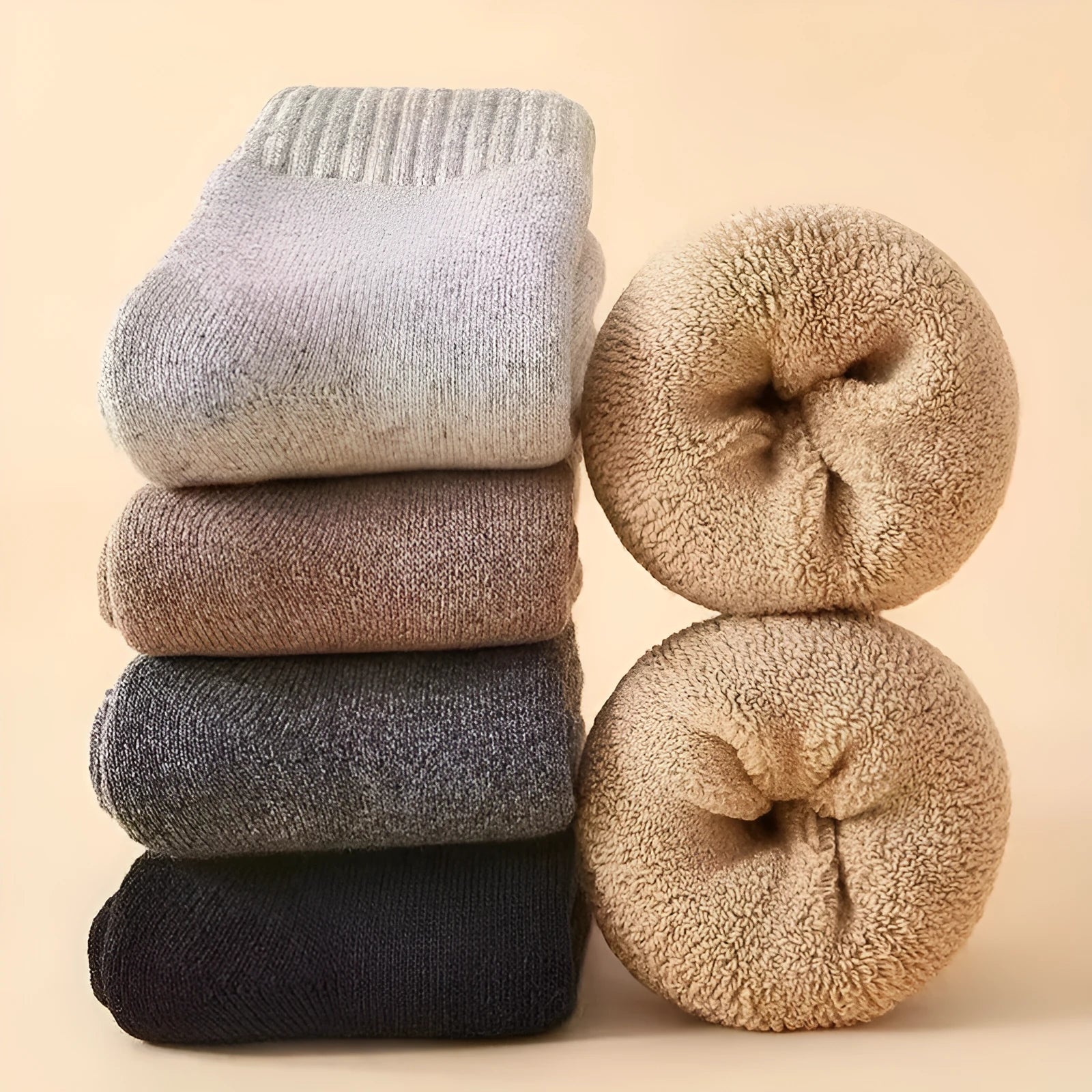 A pair of thick, solid-colour merino wool winter socks with a visible cushioned midsole.