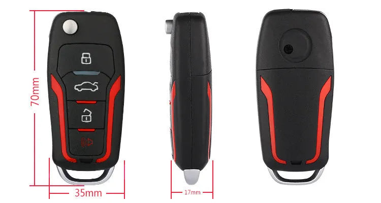 Red and frosted black car alarm system with two remote controls for vehicle security