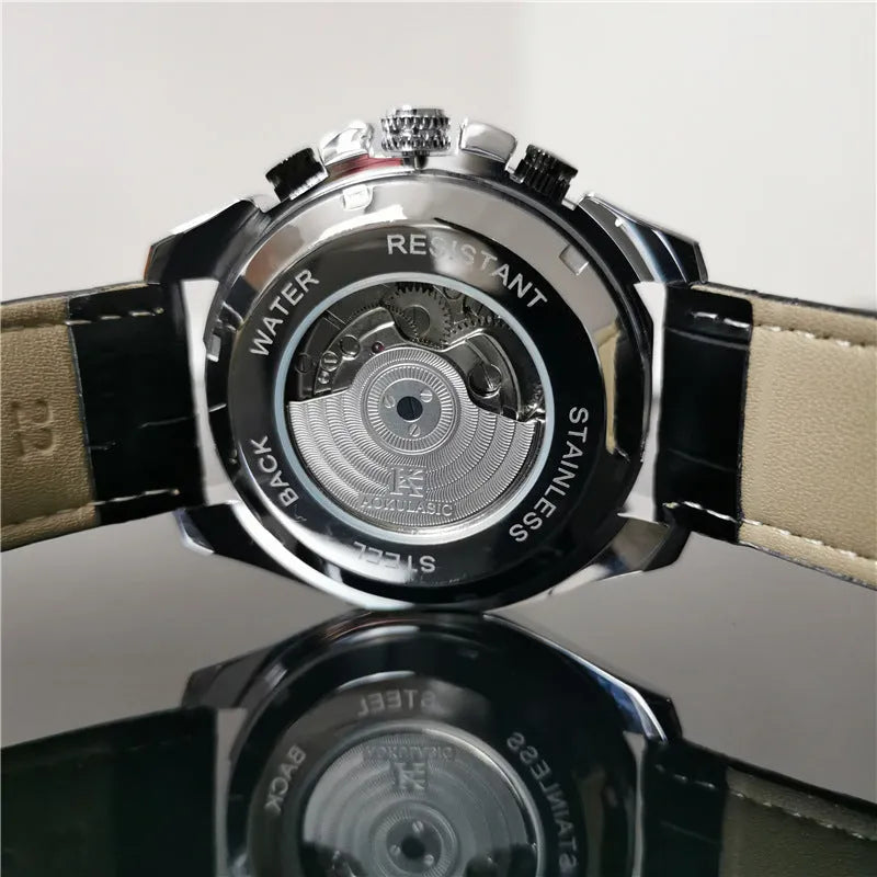 Men's automatic mechanical watch with 12mm case in various colour combinations including silver, black, and black with gold