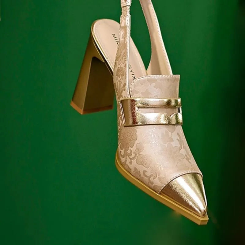 Women's black Korean-style sandals with chunky heel, pointed toe, and high ankle strap with elastic band.
