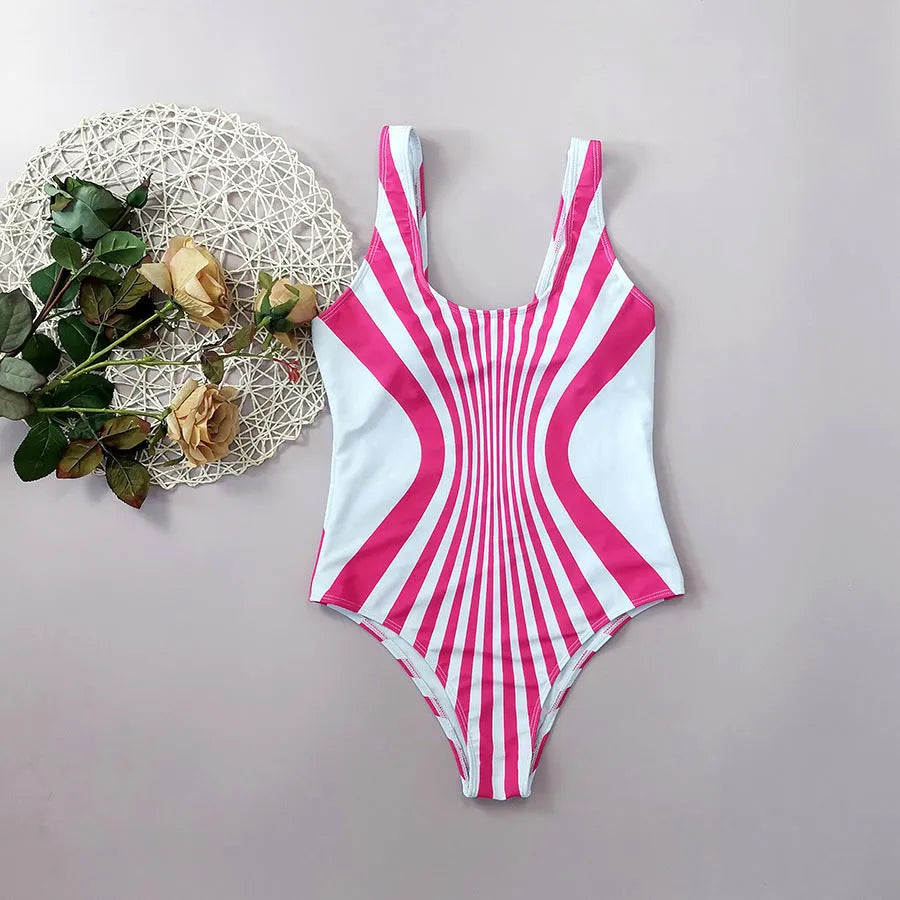 Women's pink striped one-piece swimsuit showing front and rear digital print design.