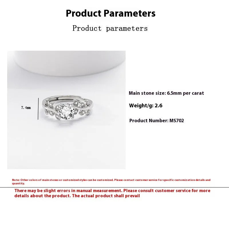 Women's adjustable copper ring leaf shape white gold colour 1 carat high-sensitivity stone index finger