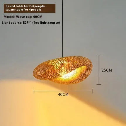 Straw hat-shaped bamboo hanging ceiling lamp with woven natural fibre texture