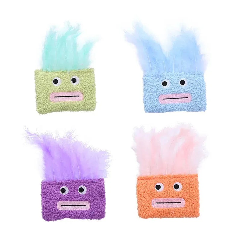 Colourful catnip plush toy with explosion head shape in blue, green, orange, and purple options