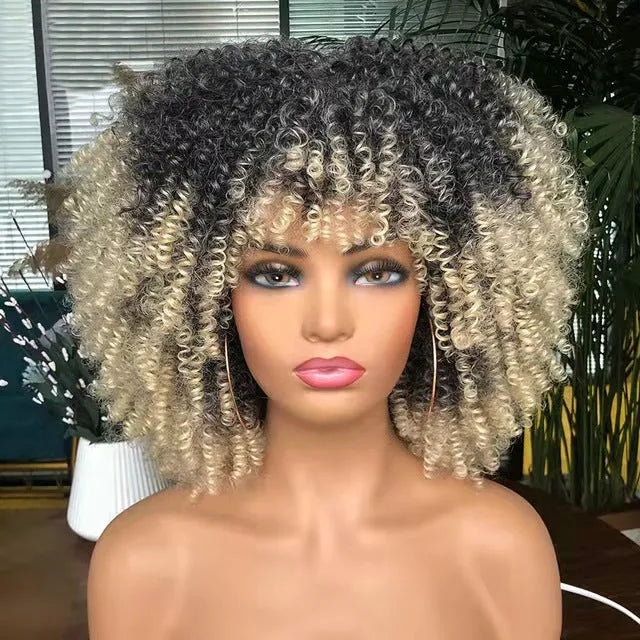 African small curly hair afro wig headgear in high temperature silk with bangs, colour 1B/30