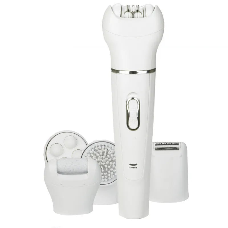White 5-in-1 electric face and body massager scrubber with 5 interchangeable heads and rechargeable base