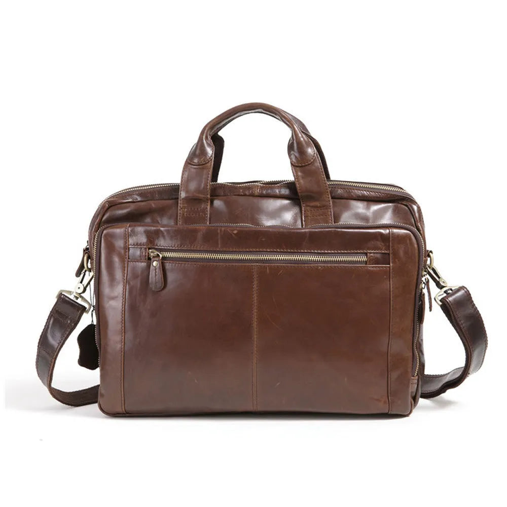 Brown cowhide leather business briefcase with 18-inch laptop compartment