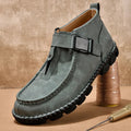 Men's black handmade stitching casual flat bottom slip on shoes made from synthetic leather.