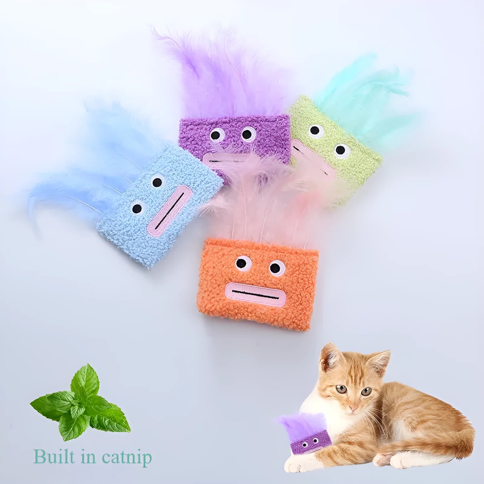 Colourful catnip plush toy with explosion head shape in blue, green, orange, and purple options