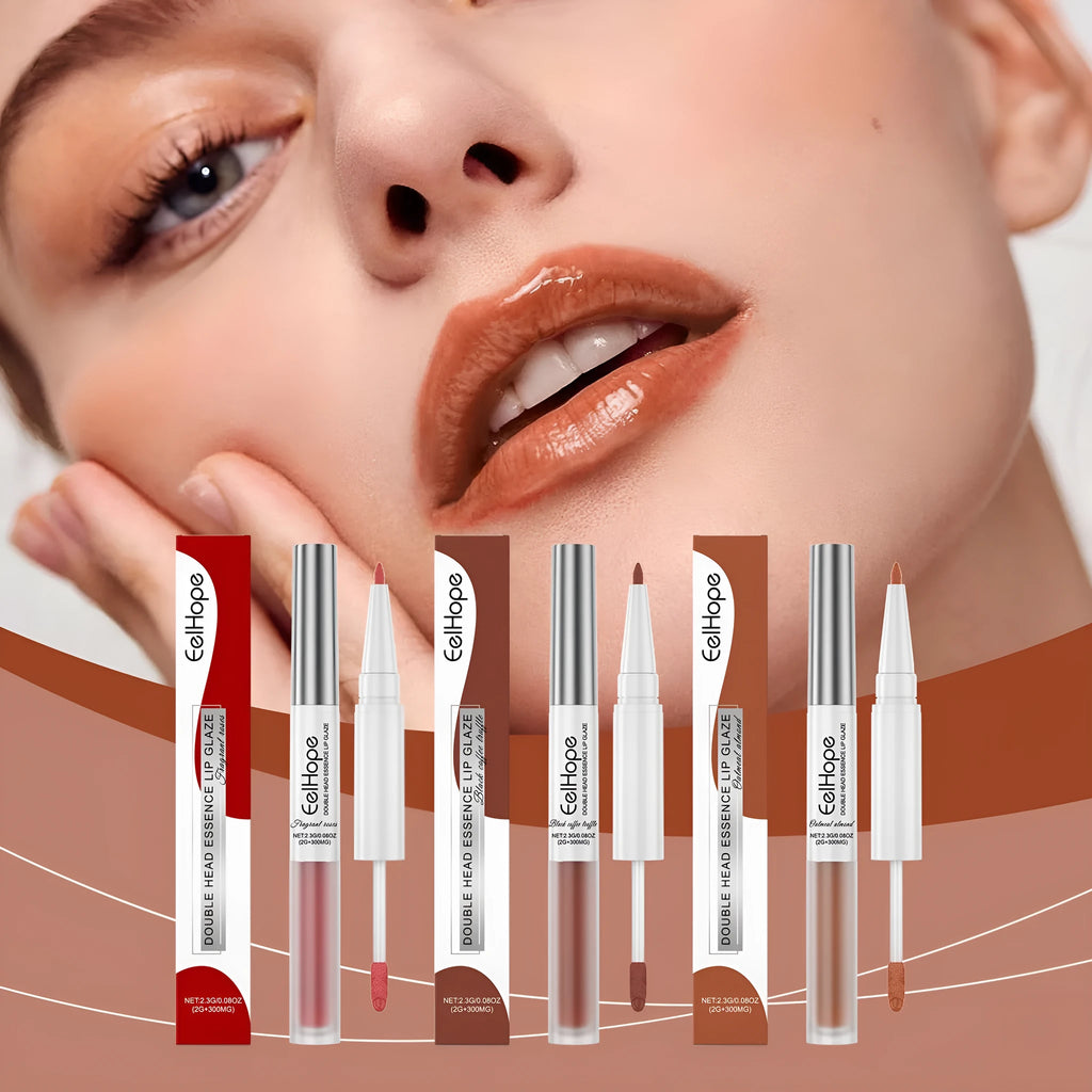Double-headed lip liner and lip lacquer pen with three matte colour options