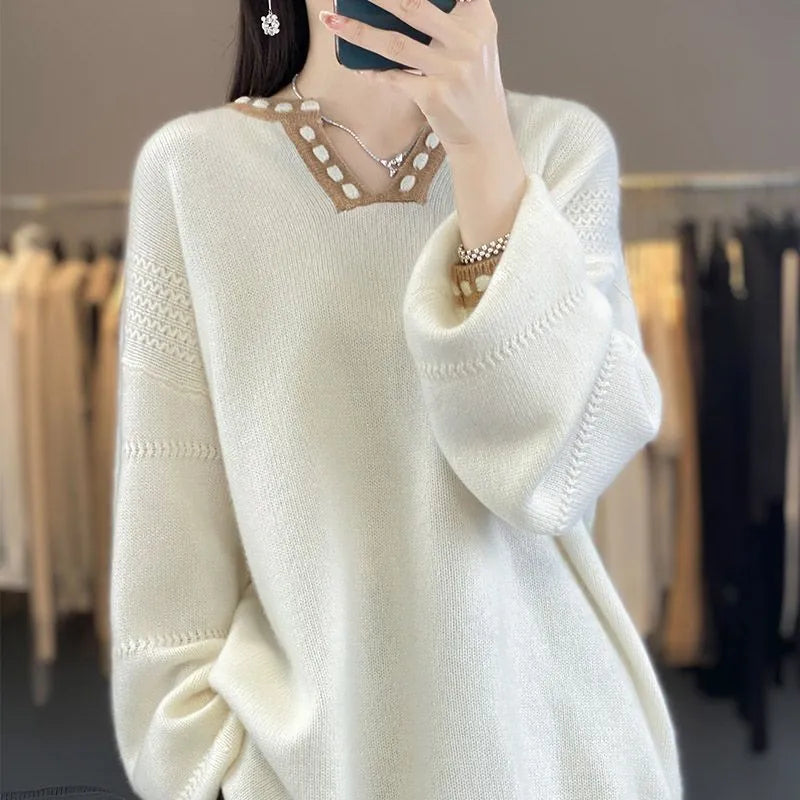 Women's V-neck pullover sweater in camel colour with regular long sleeves