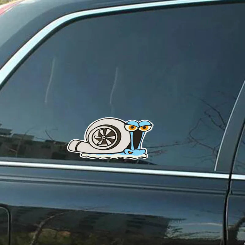 White reflective car sticker with cartoon snail pattern, dimensions 12cm by 8cm