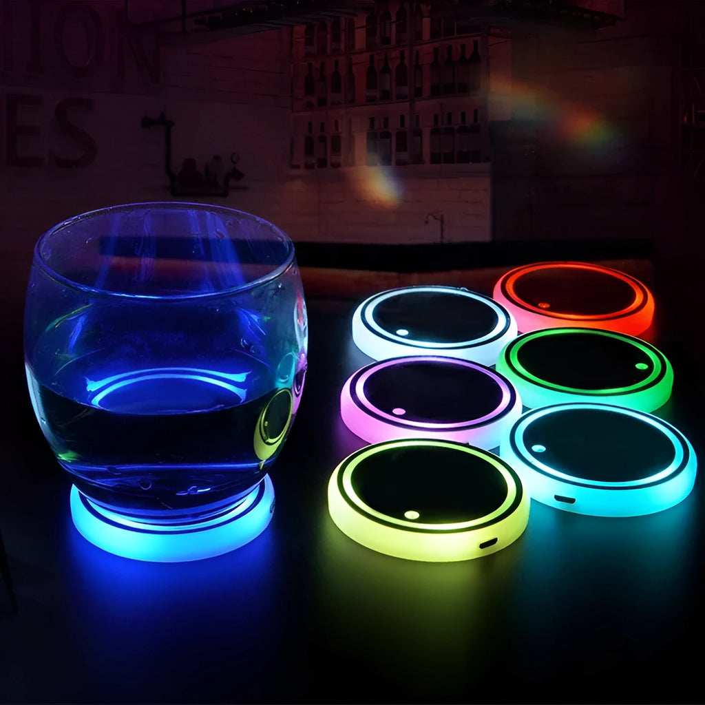 LED light-up car cup holder coaster showing seven colour options with solar panel and USB charging