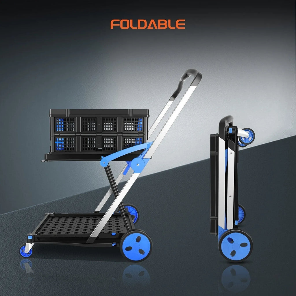 Blue foldable shopping trolley with two plastic baskets showing collapsed and extended positions