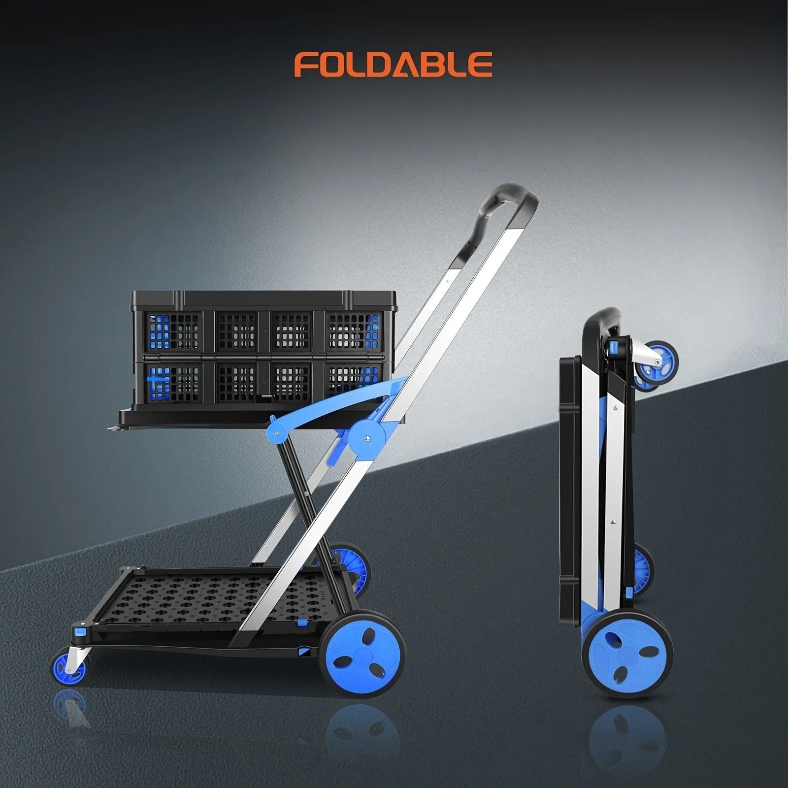 Blue foldable shopping trolley with two plastic baskets showing collapsed and extended positions