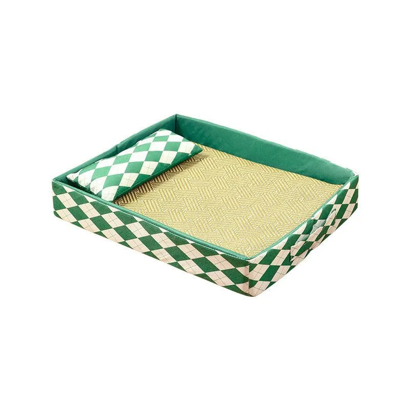 Blue rattan mat cat bed in size L, a non-removable pet sleeping nest on a wooden floor.