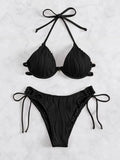 Women's black split bikini swimsuit with steel bracket underbust support showing front and back views