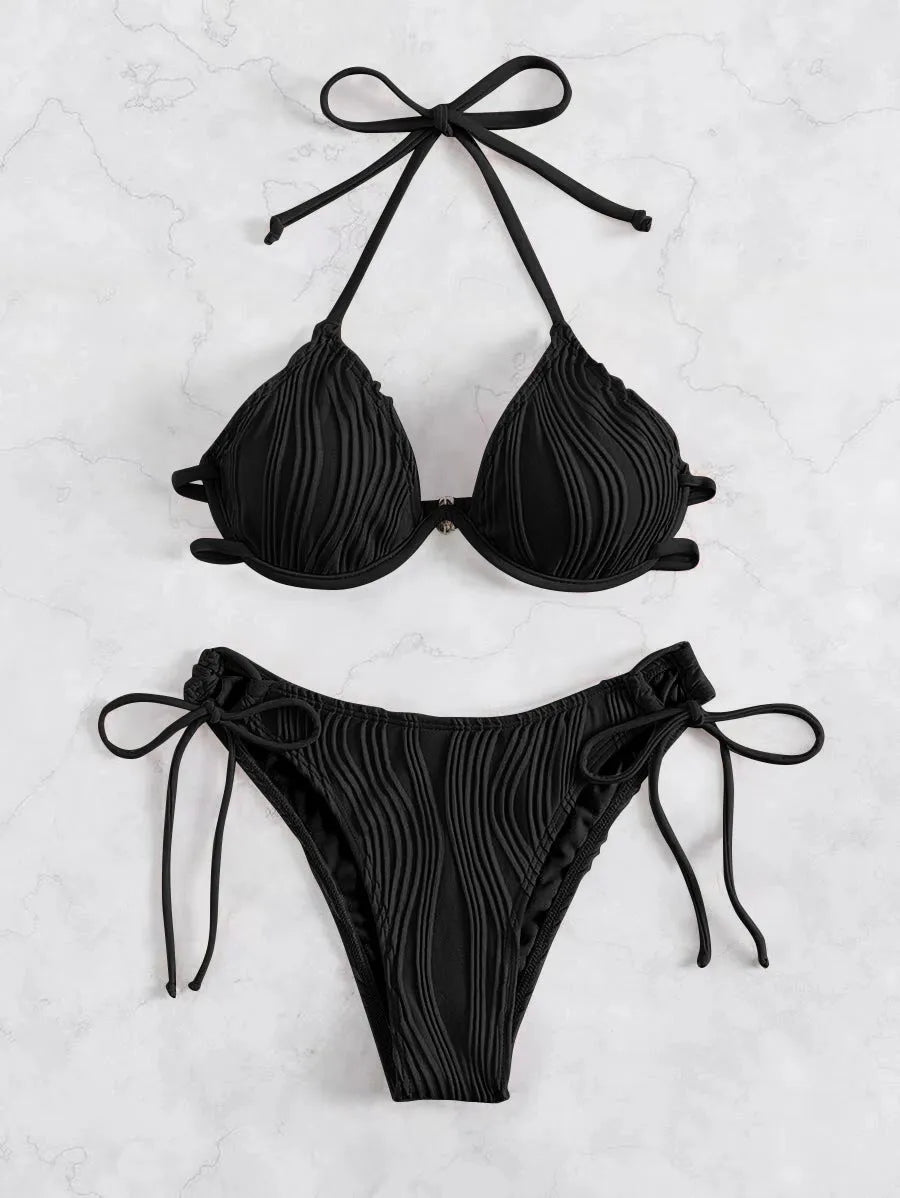 Women's black split bikini swimsuit with steel bracket underbust support showing front and back views