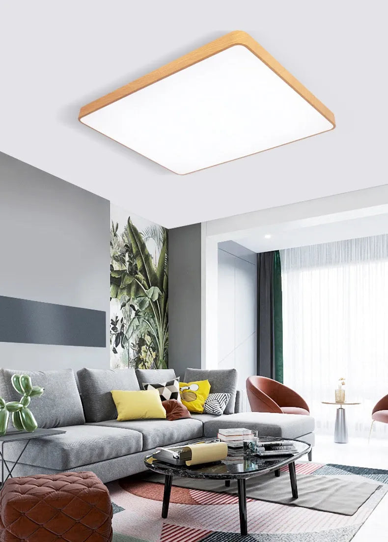 Nordic style square LED light with wood grain finish and iron frame in three size options