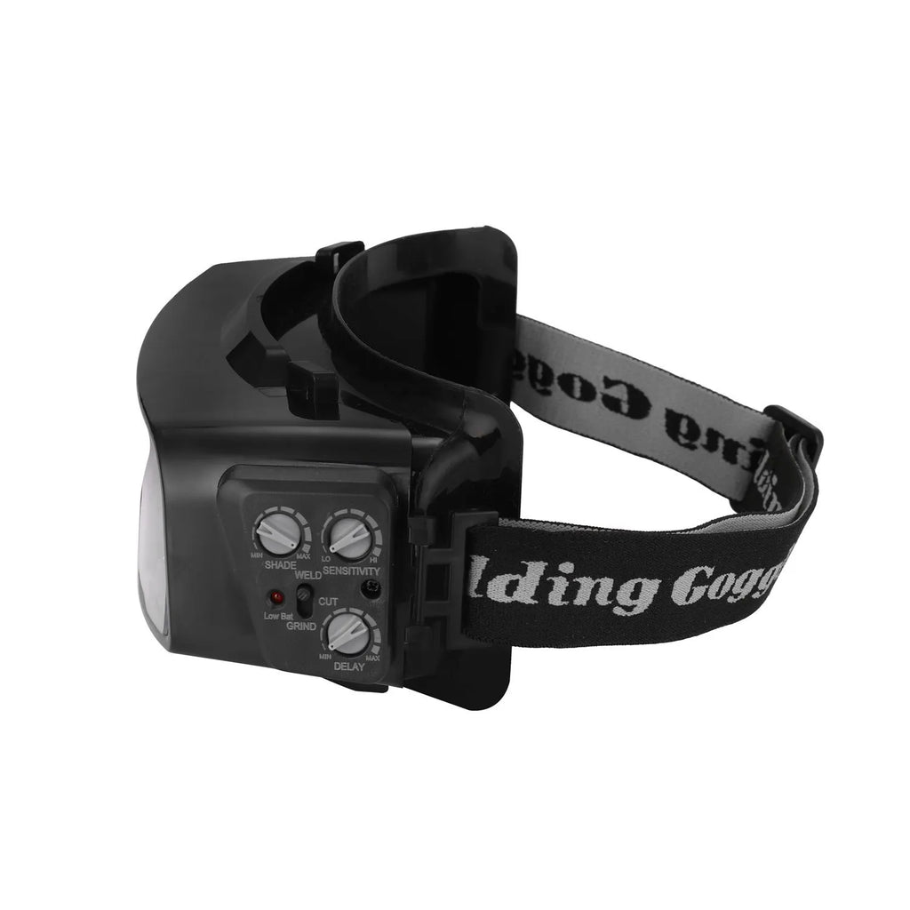 Black automatic darkening welding mask with large viewing lens and headstrap.