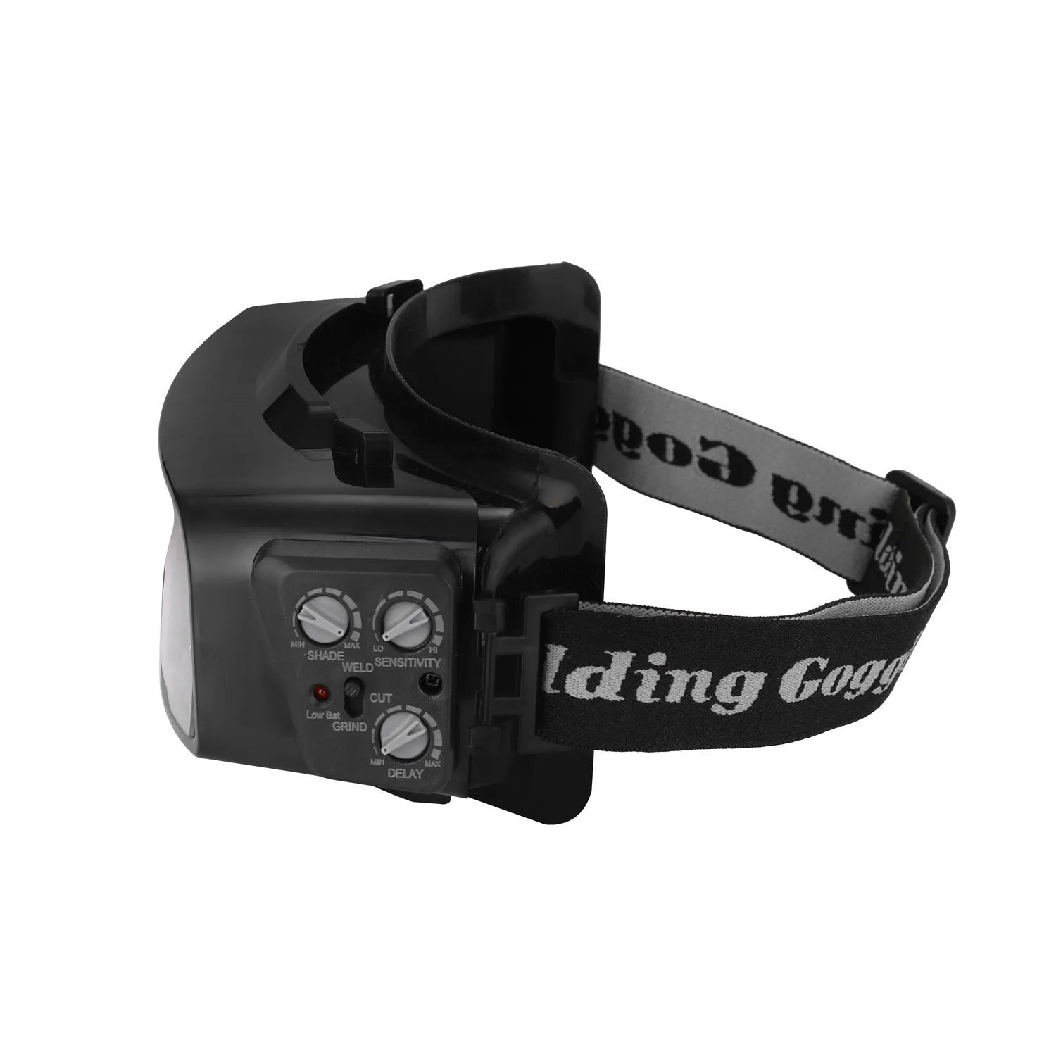 Black automatic darkening welding mask with large viewing lens and headstrap.