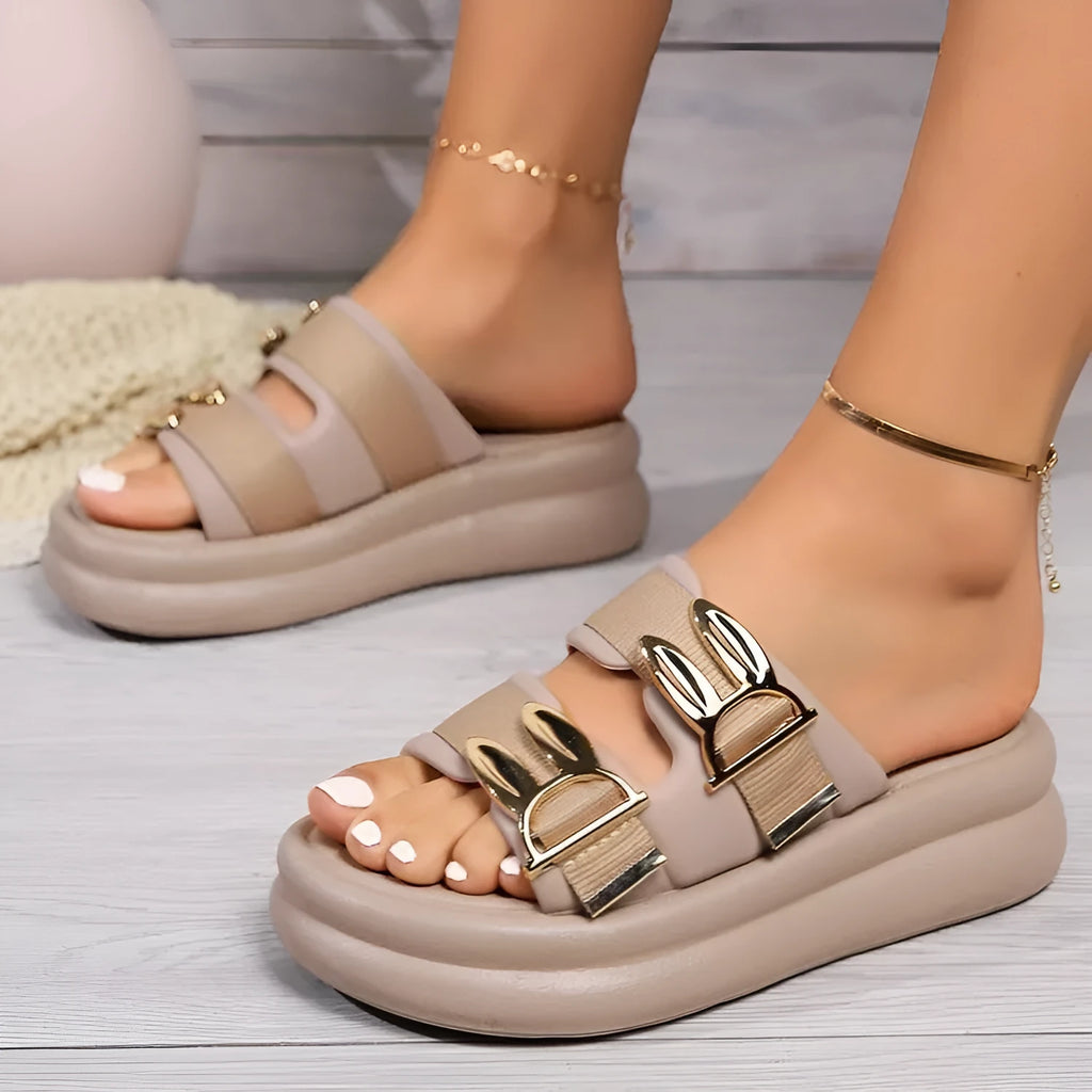 Women's suede slippers with thick soft rubber soles in apricot colour