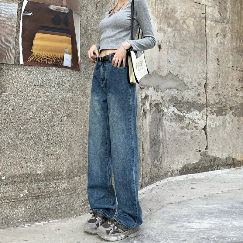 Women's retro blue straight leg jeans with high waist design in medium weight cotton denim