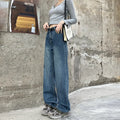 Women's retro blue straight leg jeans with high waist design in medium weight cotton denim
