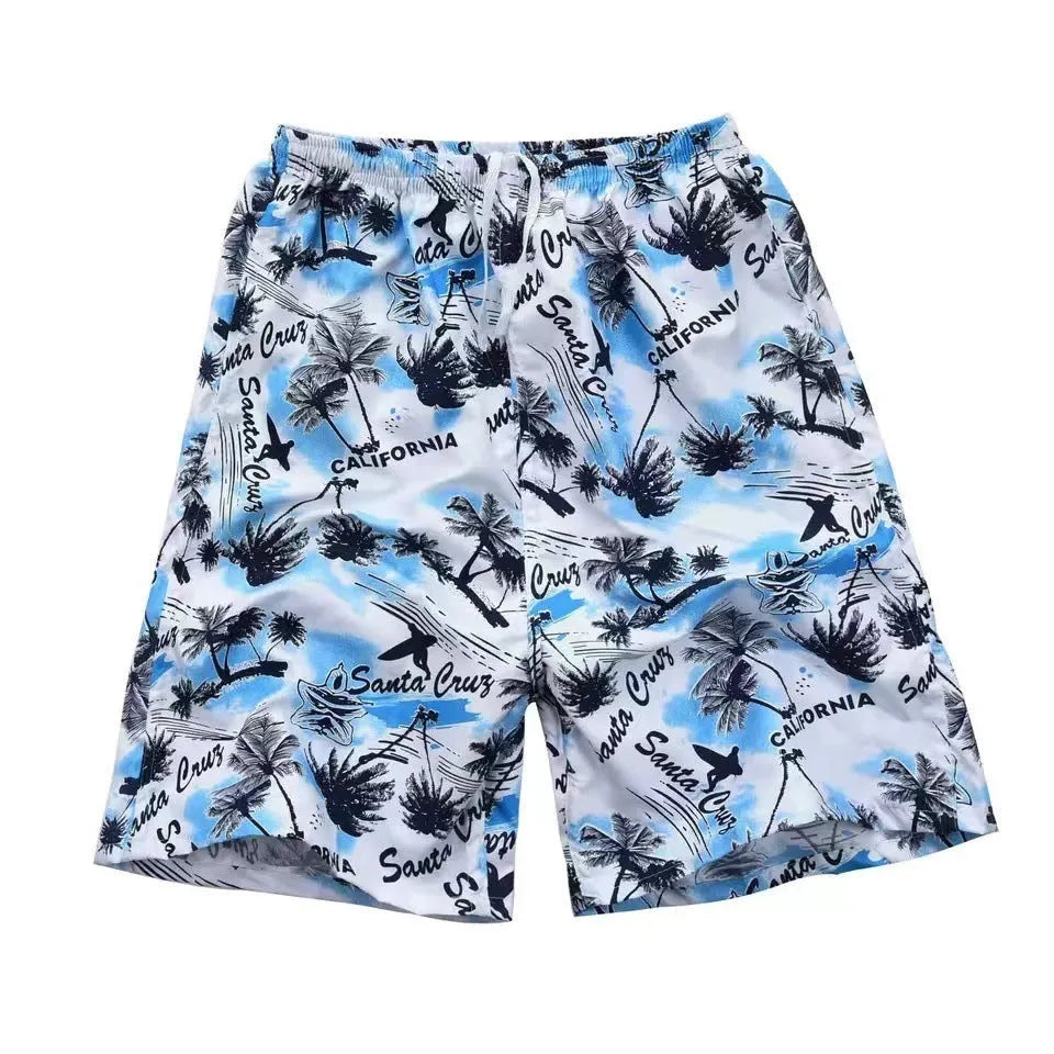 Men's floral print five-point swimming trunks in polyester fabric for pool and beach use