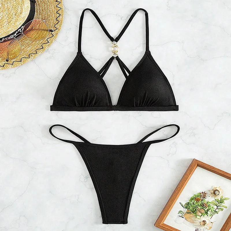 Black women's bikini set with hollow backless triangle top and split-style design