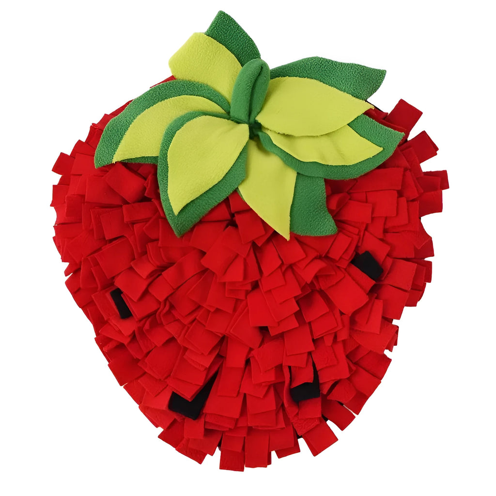 Red and green strawberry-shaped pet foraging mat for dogs and cats with multiple hiding spots