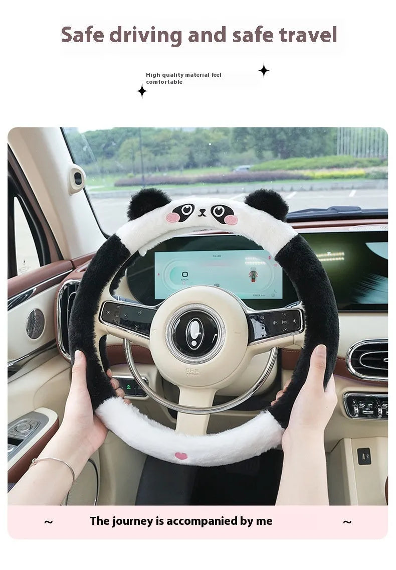 38cm plush winter car steering wheel cover with embroidered animal design