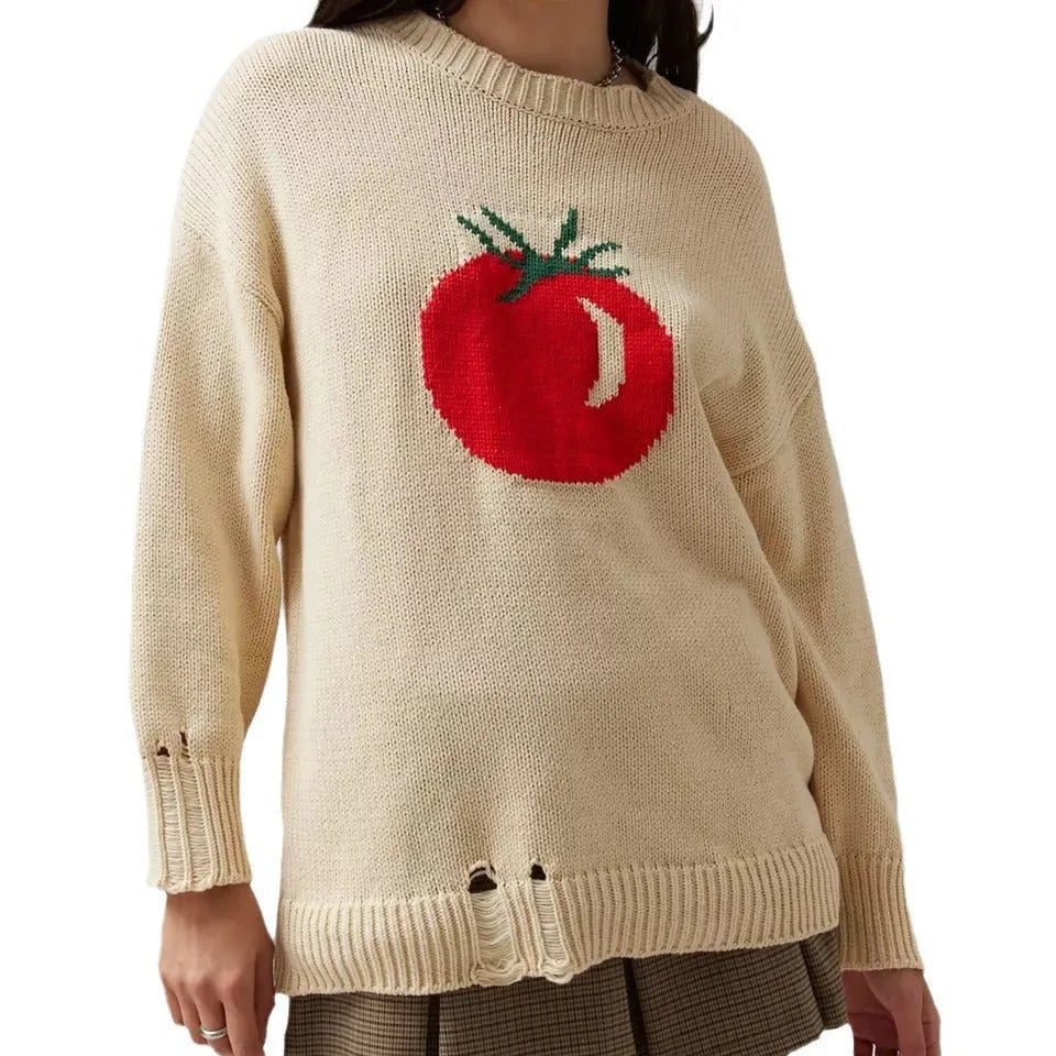 Women's beige round neck pullover sweater with jacquard pattern and long sleeves